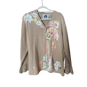 Storybook Knits 1X Beige Cardigan With Sequin Floral Angel Design & Crochet Cuff